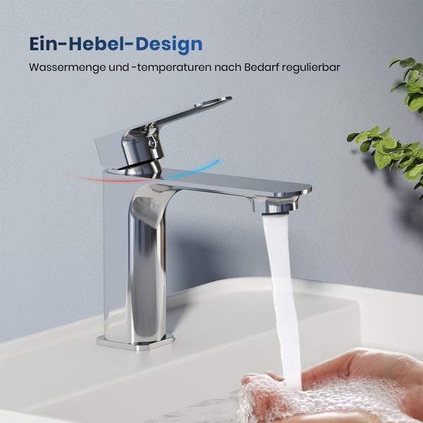 Einhebelmischer aus Metall mit laufendem Wasser in einem Waschbecken
