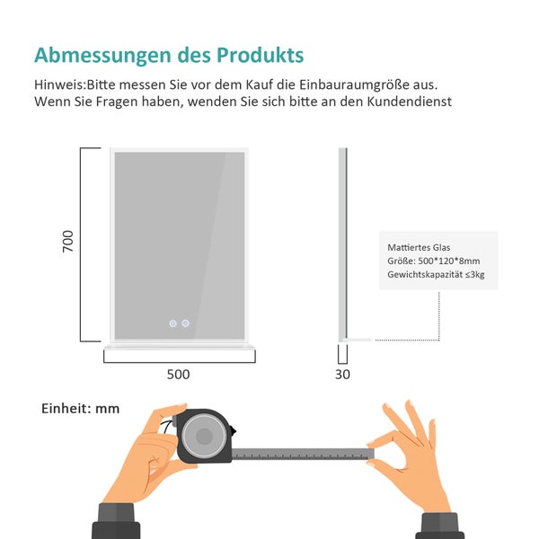 EMKE LED Badspiegel mit Ablage 70x50 cm, Kaltweiß, dimmbar, Touch-Schalter, Anti-Beschlag, mattierte Kanten, IP44, für Badezimmer geeignet