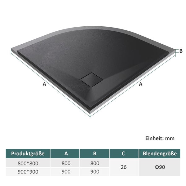 EMKE Duschwanne Viertelkreis 80x80 cm – Flache rutschfeste Duschtasse aus SMC, Schwarz, ohne Ablaufgarnitur, für Dusche