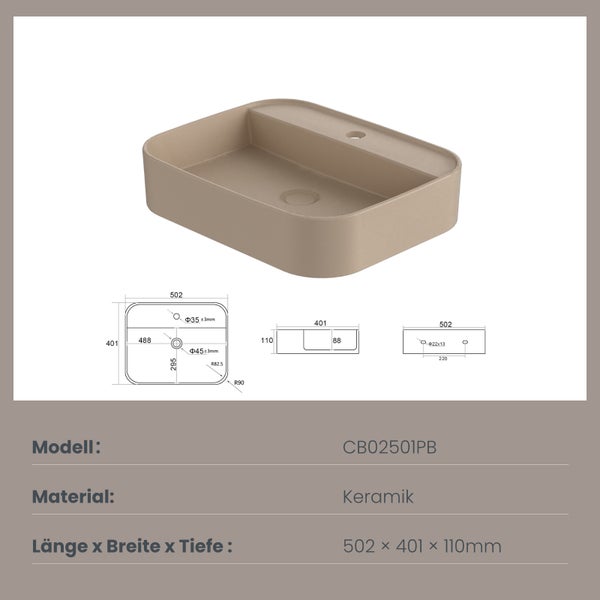 EMKE Waschtisch Keramik Matt-Beige, 50 x 40 cm, Wand- und Aufsatzwaschbecken, Waschbecken mit Hahnloch, R-Kantenschutz, für Badezimmer
