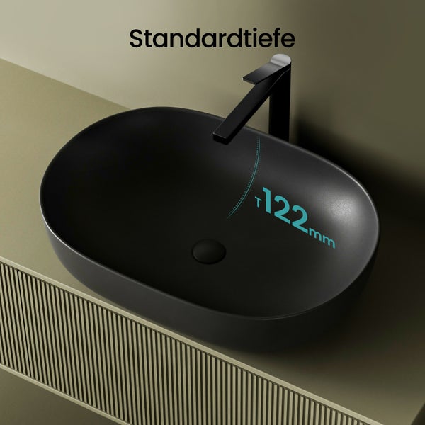 Schwarzes Aufsatzwaschbecken mit Armatur und einer Tiefe von 122 Millimetern