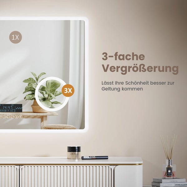 EMKE Badspiegel mit Beleuchtung 80 x 60 cm, LED-Spiegel mit Touchschalter, Badsiegel mit Bluetooth, Anti-Beschlag, 3-fache Vergrößerung, Kaltweiß