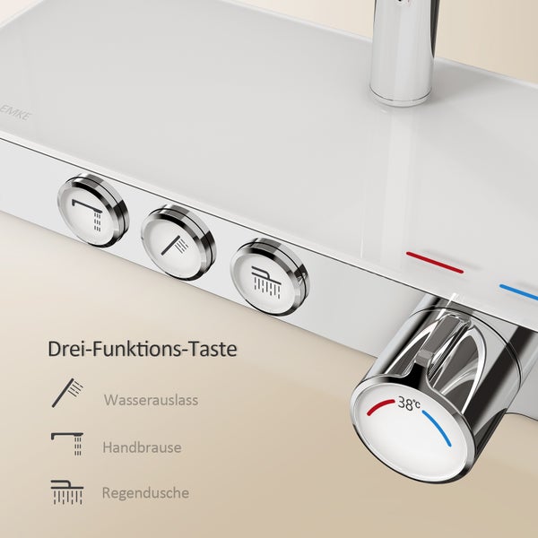Detailansicht einer Duscharmatur mit Drei-Funktions-Taste und Temperaturregler