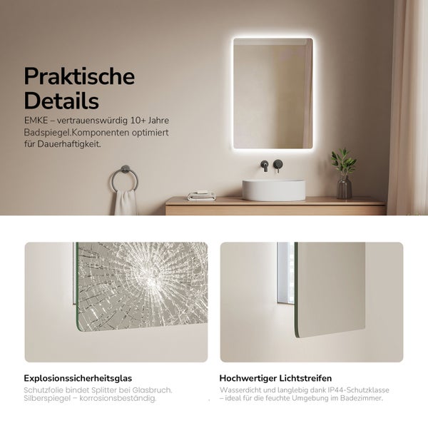 Beleuchteter EMKE Badezimmerspiegel mit LED Beleuchtung, Sicherheitsglas mit Splitterschutz und IP44 Schutzklasse für Feuchträume.