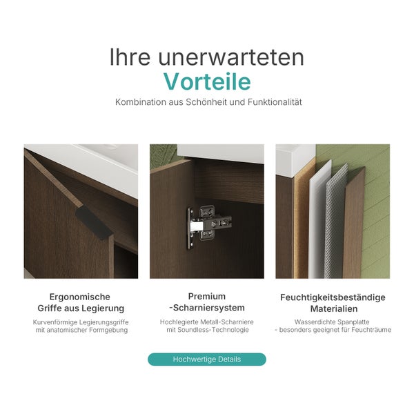 Details eines Badezimmerschranks: ergonomische Griffe, Premium-Scharniersystem, feuchtigkeitsbeständige Materialien