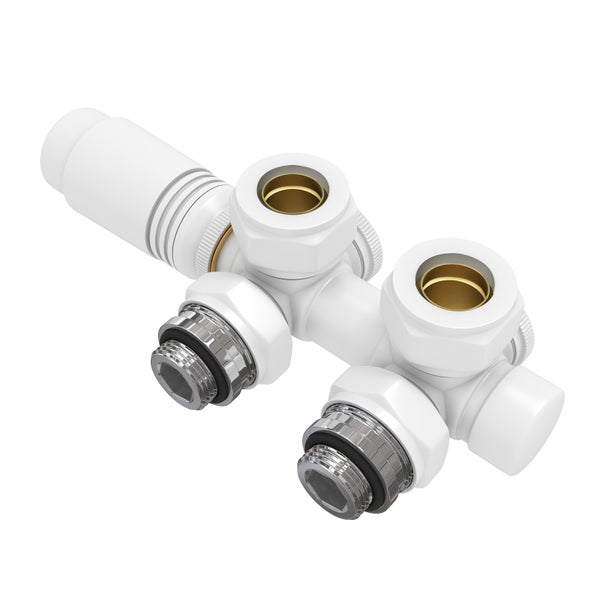 EMKE Heizkörperthermostat Multiblock-Set – Eck- & Durchgangsform, Thermostat-Ventil für Handtuchheizkörper, φ16/φ15xG1/2, Weiß