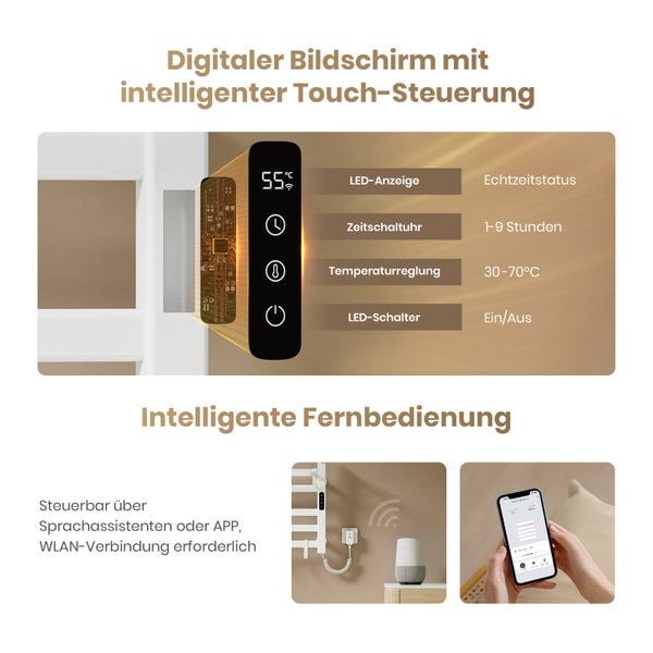 Digitaler Bildschirm mit intelligenter Touch Steuerung, Echtzeitstatus LED-Anzeige, Zeitschaltuhr, Temperaturreglung, LED-Schalter. Steuerung über Sprachassistenten oder App, WLAN-Verbindung erforderlich.