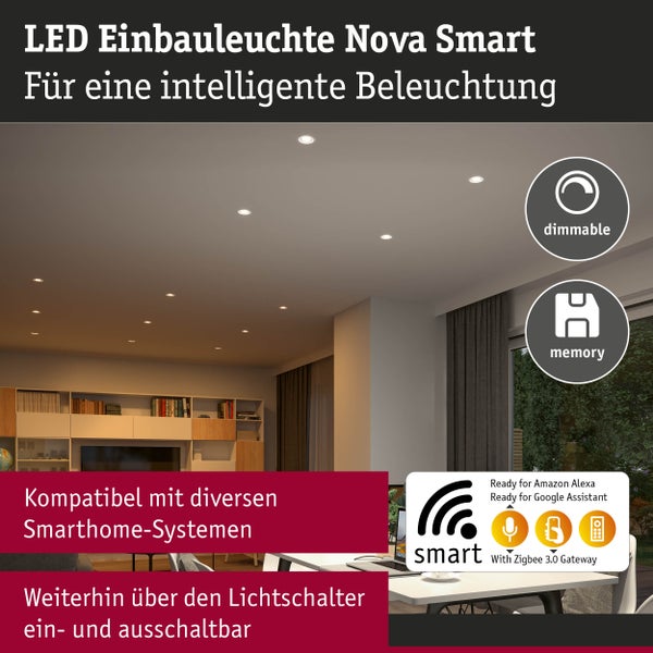 LED Einbauspots in einem Wohnzimmer mit den Symbolen dimmbar und Speicherfunktion