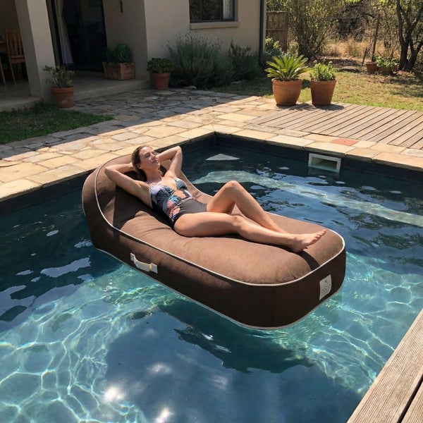 Eine Person entspannt auf einer braunen schwimmenden Pool-Liege in einem Außenpool, umgeben von einer sonnigen Terrasse und Pflanzen.