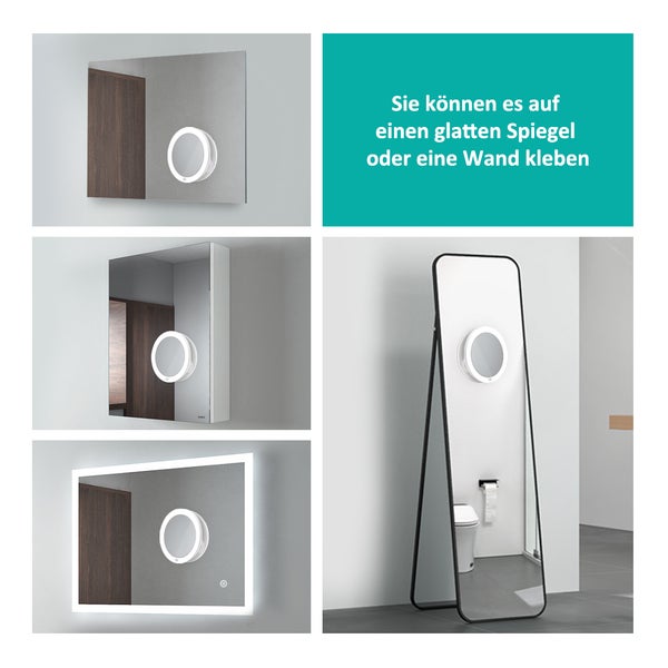 EMKE Kosmetikspiegel Ø16,5 cm, Weiß, 5-fach Vergrößerung, Beleuchtung mit Knopfschalter, Batteriebetrieben, mit magnetischer Rückseite, tragbar