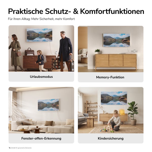 Übersicht der Komfortfunktionen Heizungssteuerung: Urlaubsmodus, Memory Funktion, Fenster-offen-Erkennung und Kindersicherung für mehr Sicherheit.