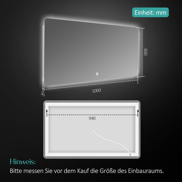 EMKE Badspiegel mit Beleuchtung 100 x 60 cm, Kaltweiß, Rückbeleuchtung, dimmbare Helligkeit, Touch-Schalter, horizontal/vertikal montierbar, IP44, für Bad