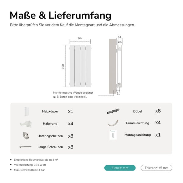 Maßzeichnung und Lieferumfang eines Wandheizkörpers mit Montagezubehör für massive Wände, Maße 600 mal 304 Millimeter, Wärmeleistung 384 Watt.