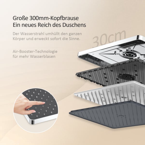 Explosionsdarstellung einer quadratischen 300 Millimeter Kopfbrause mit Air-Booster-Technologie und flexiblen Silikondüsen.