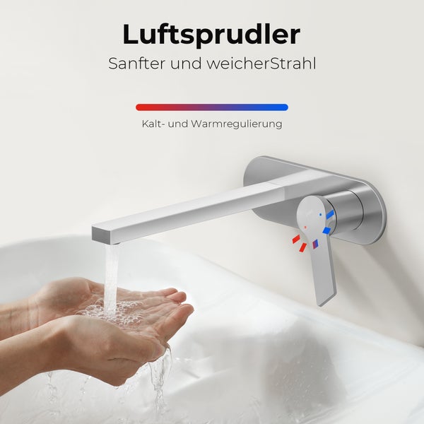 EMKE Unterputz Waschtischarmatur, 2-Loch Wandmontage mit Luftsprudler, Einhebelmischer für Waschbecken und Badewanne, L 215 x H 210 x Ø 17 mm, Chrom