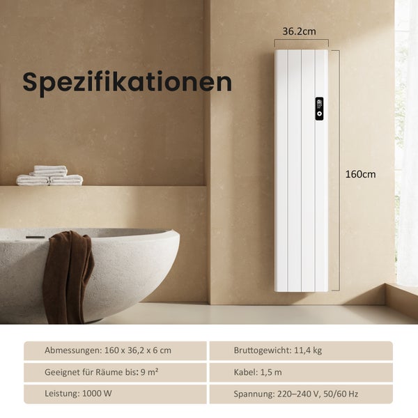 Abbildung eines weißen Heizkörpers mit den Maßen 160 x 36,2 cm, geeignet für Räume bis 9 m², Leistung 1000 W, Bruttogewicht 11,4 kg, Kabellänge 1,5 m, Spannung 220-240 V, 50/60 Hz.