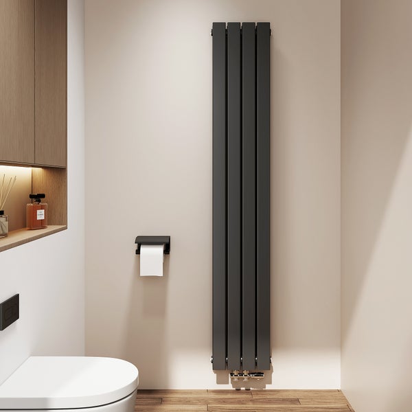 Badezimmer mit Heizkörper, Toilette und Toilettenpapierhalter