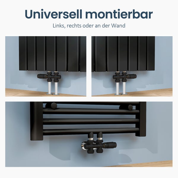 EMKE Heizkörperthermostat Multiblock-Set – Anschlussarmatur mit Thermostat für Heizkörper und Handtuchtrockner, Heizungszubehör in Eck- und Durchgangsform φ16xG1/2, Schwarz