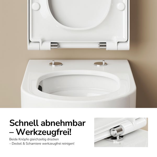 Nahaufnahme einer weißen Toilette mit abnehmbarem Toilettensitz zur einfachen Reinigung