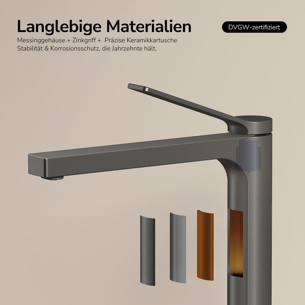 Schnittdarstellung einer Armatur mit Messinggehäuse, Zinkgriff und Keramikkartusche. Zertifiziert für Stabilität und Korrosionsschutz.