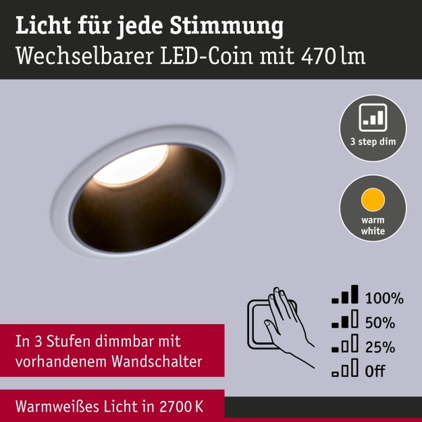 LED Einbauleuchte 3-Step-Dim Cole Coin 6er-Set IP44 rund 88mm Coin 6x6W 6x470lm 230V dimmbar 2700K Weiß, Schwarz matt