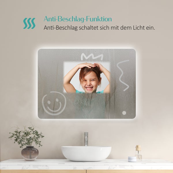 EMKE Badspiegel mit Beleuchtung 70x50 cm, LED-Spiegel mit Touchschalter, 3 Lichtfarben einstellbar, Beschlagfreie, Anti-Rost Spiegel, IP44, für Bad