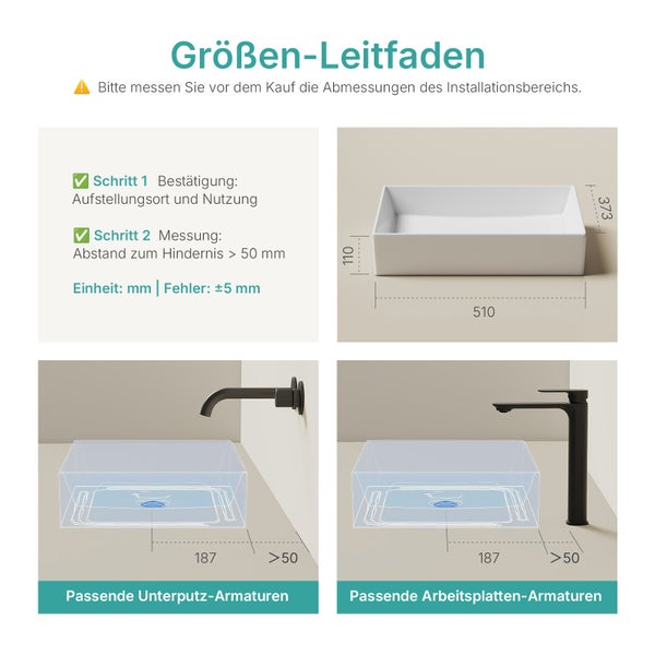 Größeninformationen für ein Waschbecken mit zugehörigen Armaturen