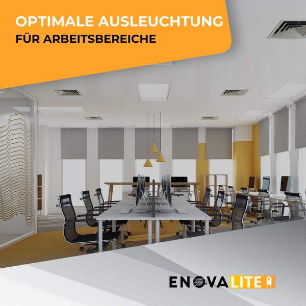 Büroraum mit Tischen, Stühlen und Deckenleuchten für optimale Ausleuchtung, Enova Lite Logo