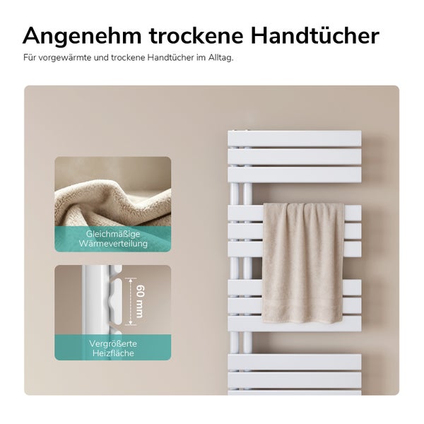 Handtuchheizkörper für Badezimmer mit gleichmäßiger Wärmeverteilung und vergrößerter Heizfläche für vorgewärmte und trockene Handtücher.