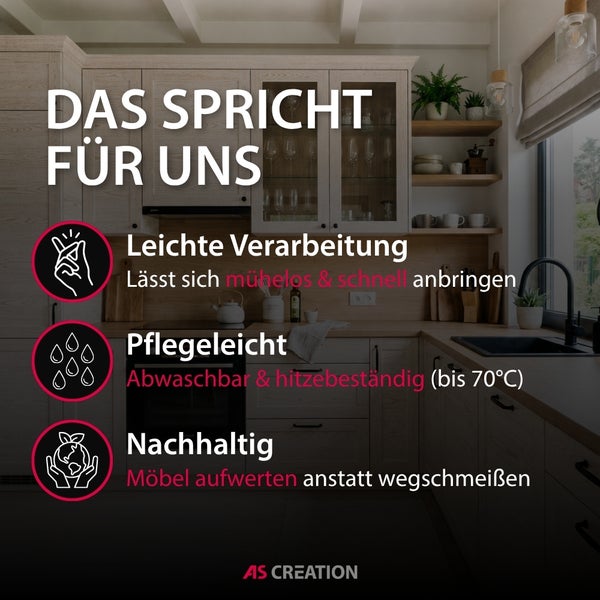 AS Creation Werbegrafik in einer hellen Küche. Symbole für einfache Anwendung, Pflegeleichtigkeit bis 70 Grad und Nachhaltigkeit. AS CREATION Logo.