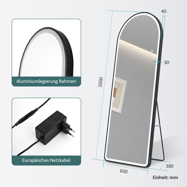 EMKE Bogen Standspiegel Ganzkörperspiegel mit Beleuchtung 3 Lichtfarbe Einstellbar Dimmbar, mit Rahmen aus Aluminiumlegierung für Wohn-,Schlaf-, Aufenthalt und Ankleidezimmer, Schwarz, 160x60cm