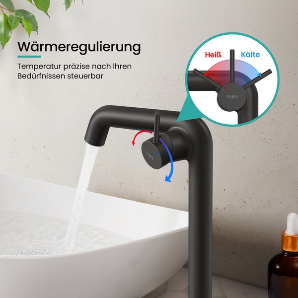 EMKE Einhebel-Waschtischarmatur, Badarmaturen, Waschbecken Armatur - Schweizer Design，G3/8, Wassersparend, Korrosionsschutz, Warm- & Kaltwasser, Bleifreies Messing,332x220x76mm,Shwarz Matt