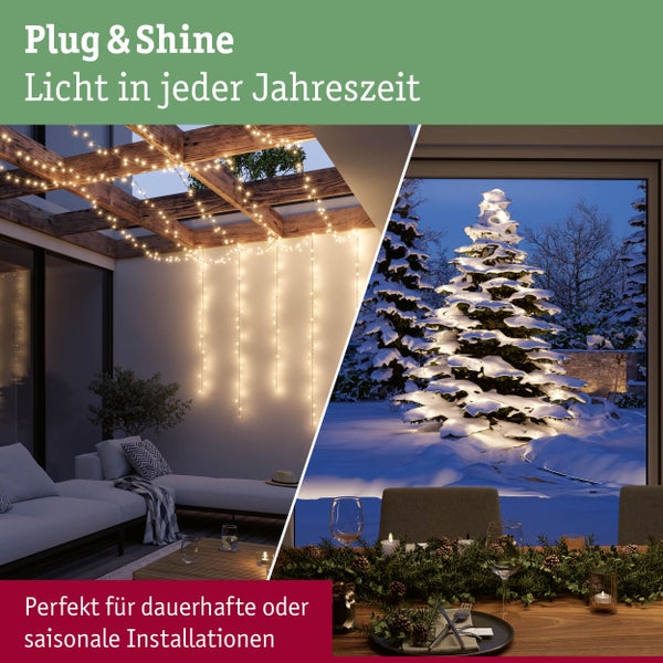 Szene mit Plug & Shine Lichtern für den Innen- und Aussenbereich das ganze Jahr.