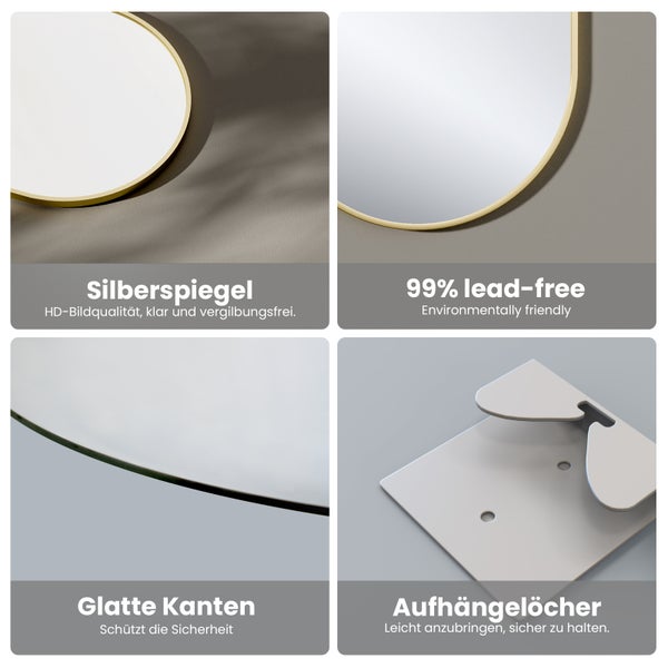 Produktmerkmale eines Spiegels: HD Spiegelbildqualität, Bleifreiheit, glatte Kanten und Aufhängelöcher