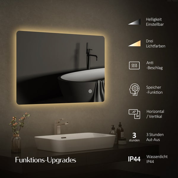EMKE Badspiegel mit Beleuchtung 80x60 cm, LED-Spiegel mit Touchschalter, 3 Lichtfarben einstellbar, Beschlagfreie, Anti-Rost Spiegel, IP44, für Bad