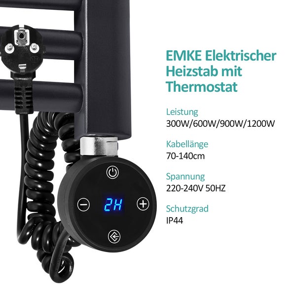 EMKE Heizstab Schwarz 1200W mit Temperaturanzeige & Timer, mechanische Tasten, Stromausfall-Memory, G1/2, 820×60×40 mm, IP44, geeignet für elektrische Heizkörper