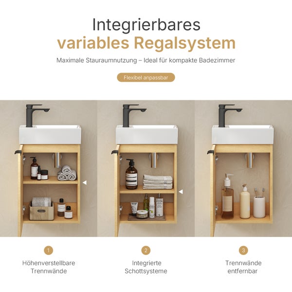 EMKE Waschbecken mit Unterschrank 417×240×646 mm, Badmöbel-Set mit Soft-Close, Türgriff, 2-fach verstellbarem Einlegeboden, Wandmontage, beidseitig montierbar, Eiche