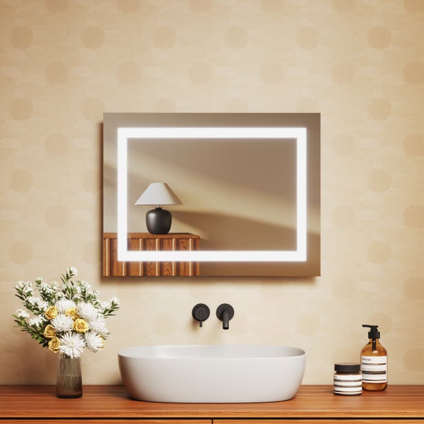 EMKE Badspiegel mit Beleuchtung 60x45 cm, Kaltweiß/Warmweiß, LED-Spiegel mit Kippschalter, Anti-Beschlag, IP44, flexibel montierbar, für Badezimmer