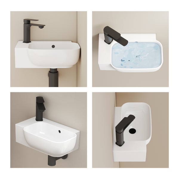 Vier Ansichten eines weißen Handwaschbeckens mit schwarzer Armatur zur Wandmontage.