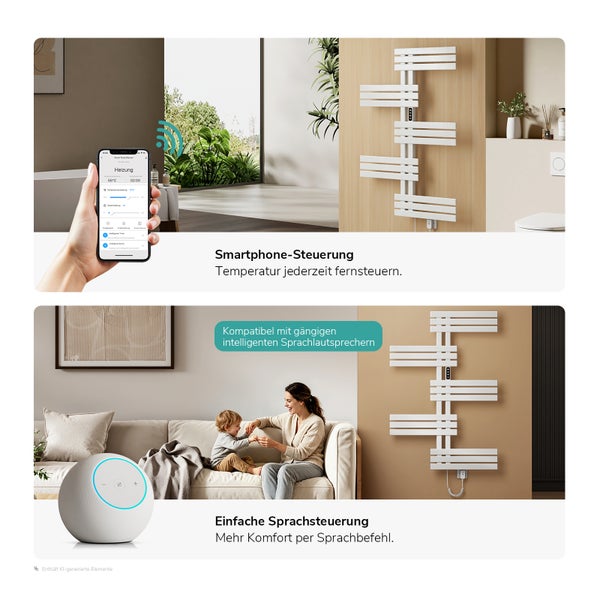 Smart Home Handtuchheizkörper mit App-Steuerung und Sprachsteuerung für ein modernes Badezimmer.