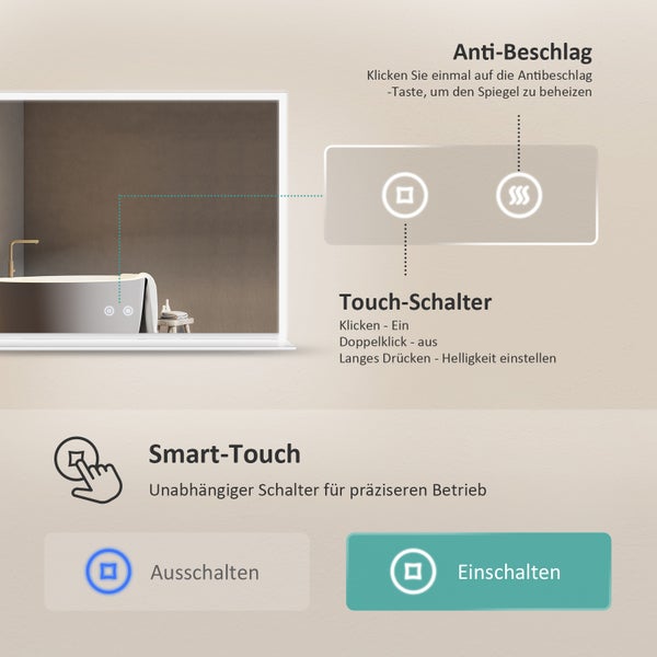 Funktionen eines Spiegels mit Antibeschlag- und Touchschalterfunktion sowie Smart-Touch-Funktion für präzisere Bedienung dargestellt.