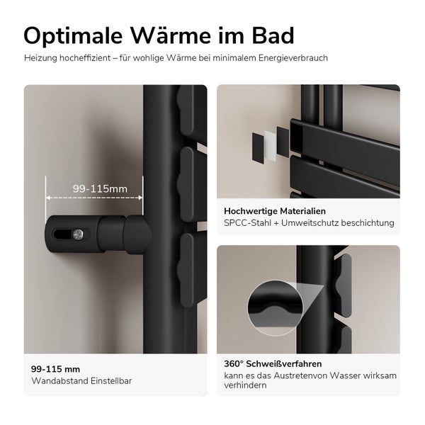 Nahaufnahme eines schwarzen Badheizkörpers mit Details zu Wandabstand, Materialien und Schweißverfahren.