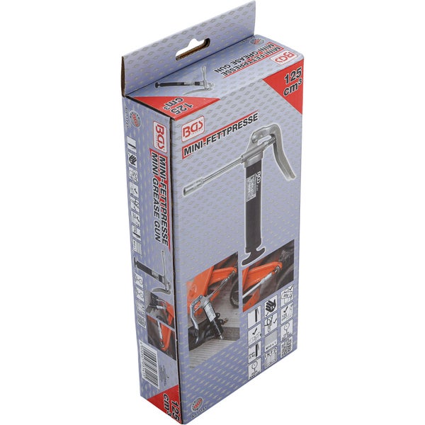 BGS Technic Mini Fettpresse mit 125 Kubikzentimeter Fassungsvermögen in der Verkaufsverpackung