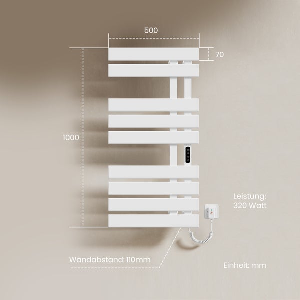 EMKE Elektrischer Badheizkörper 100x50 cm, Design-Handtuchheizkörper mit LCD-Display, Thermostat, Timer, Temperaturregelung, WiFi & App-Steuerung, 600W, Flachheizkörper für Bad, Glänzend Weiß, Anschluss rechts