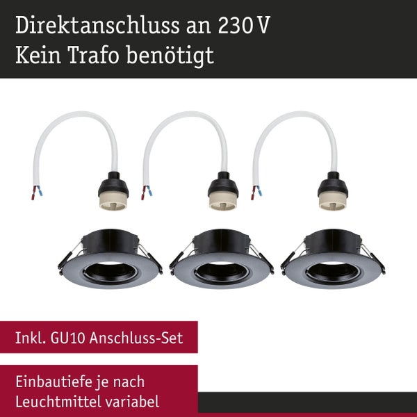 Einbauleuchte 3er-Set starr rund 90mm GU10 max. 3x10W 230V dimmbar Schwarz