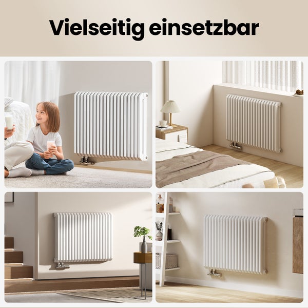 EMKE Designheizkörper 600 x 840 mm, D-Profil Badheizkörper, doppellagig, seitlicher Anschluss, 1383 W Warmwasserleistung, Weiß, für Badezimmer
