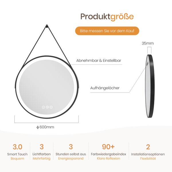 Runder LED-Badezimmerspiegel, 600 Millimeter Durchmesser, 35 Millimeter Tiefe, verstellbare Aufhängung, Smart Touch, drei Lichtfarben.