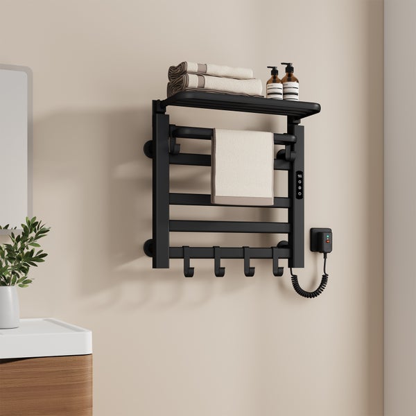 Elektrischer Handtuchwärmer mit Ablage und Haken zur Wandmontage im Badezimmer.