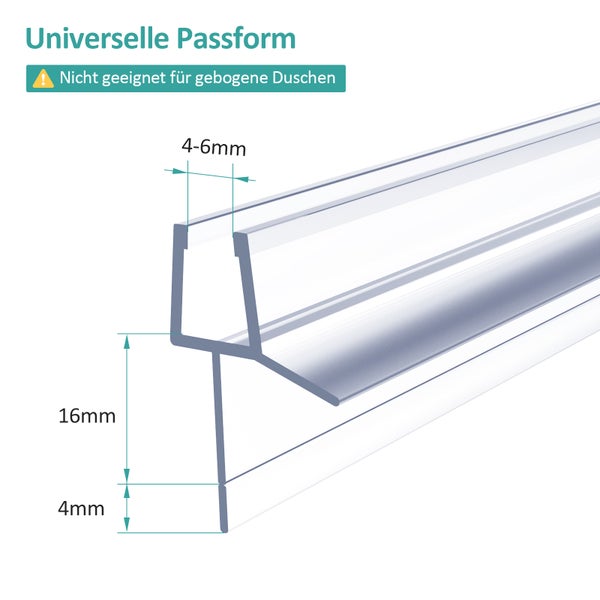Universelle Dichtung für Duschkabinen mit Maßangaben.
