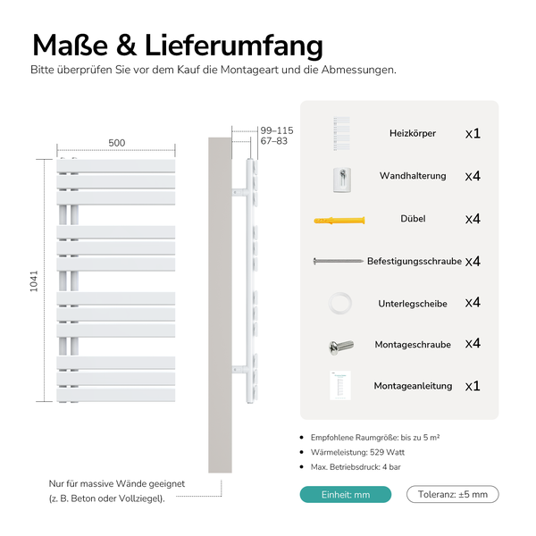 Maßzeichnung und Lieferumfang eines Badheizkörpers mit Montagezubehör und technischen Daten in Millimetern.